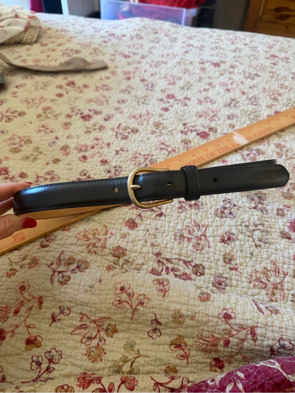 Talbots Black Leather Belt with Gold Buckle